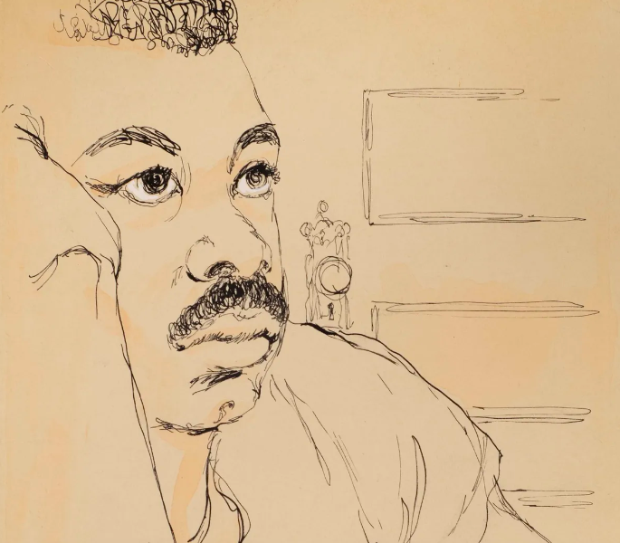 Cliff Joseph, American, 1922 - 2020. Self Portrait, ca. 1950. Pen and ink wash on paper 10 7/8 x 7 11/16 in. Private collection, Flint, Michigan.