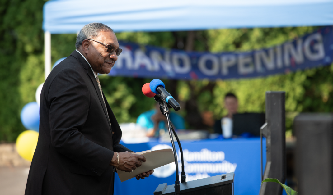 Hamilton's Chief Executive Officer, Clarence R. Pierce, delivers a speech during the opening of the Whitmore Lake location on Sept. 16, 2024.