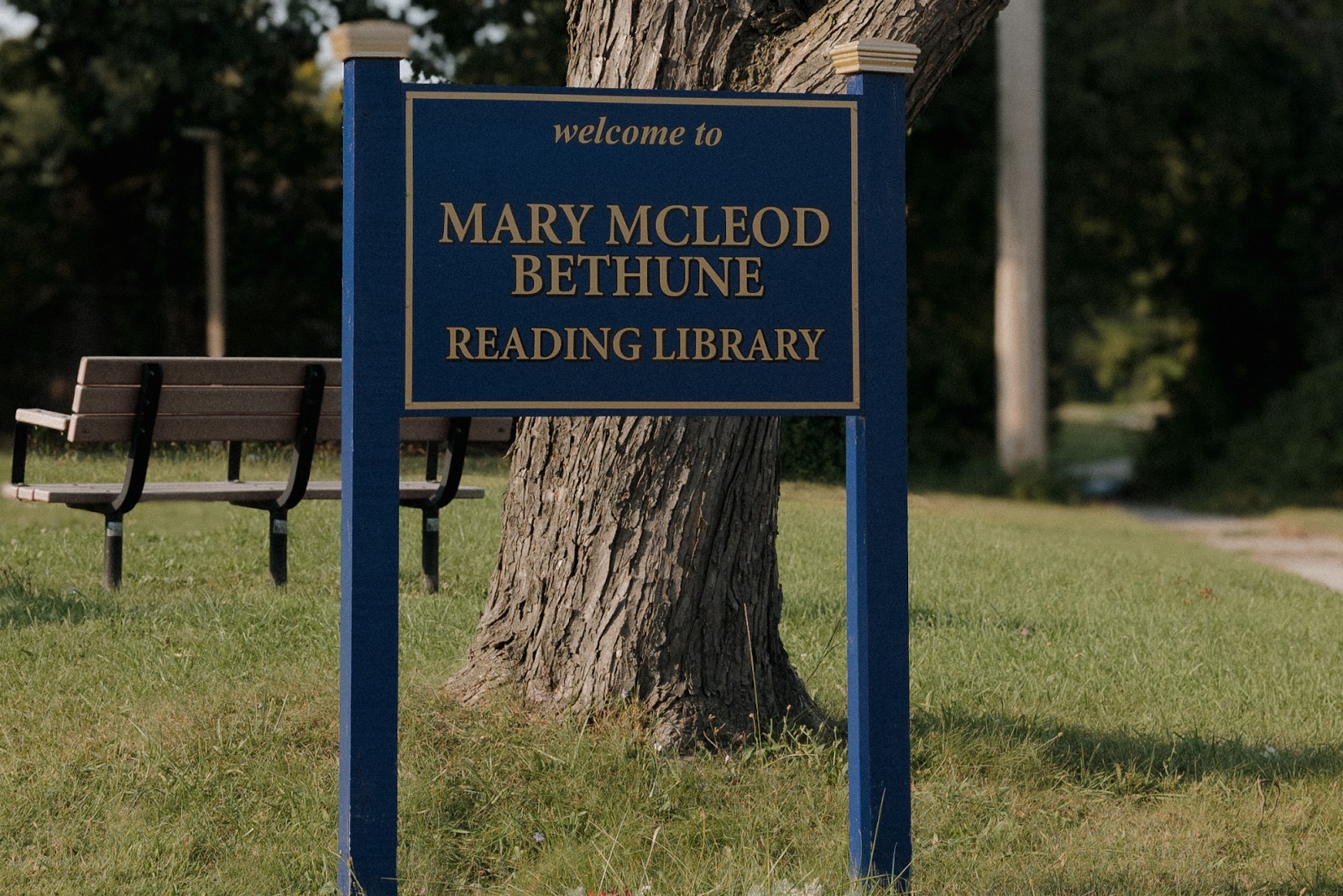 Mary McLeod Bethune Reading Library sign, pictured Sept. 15, 2024. (Anthony Summers | Flintside.com)