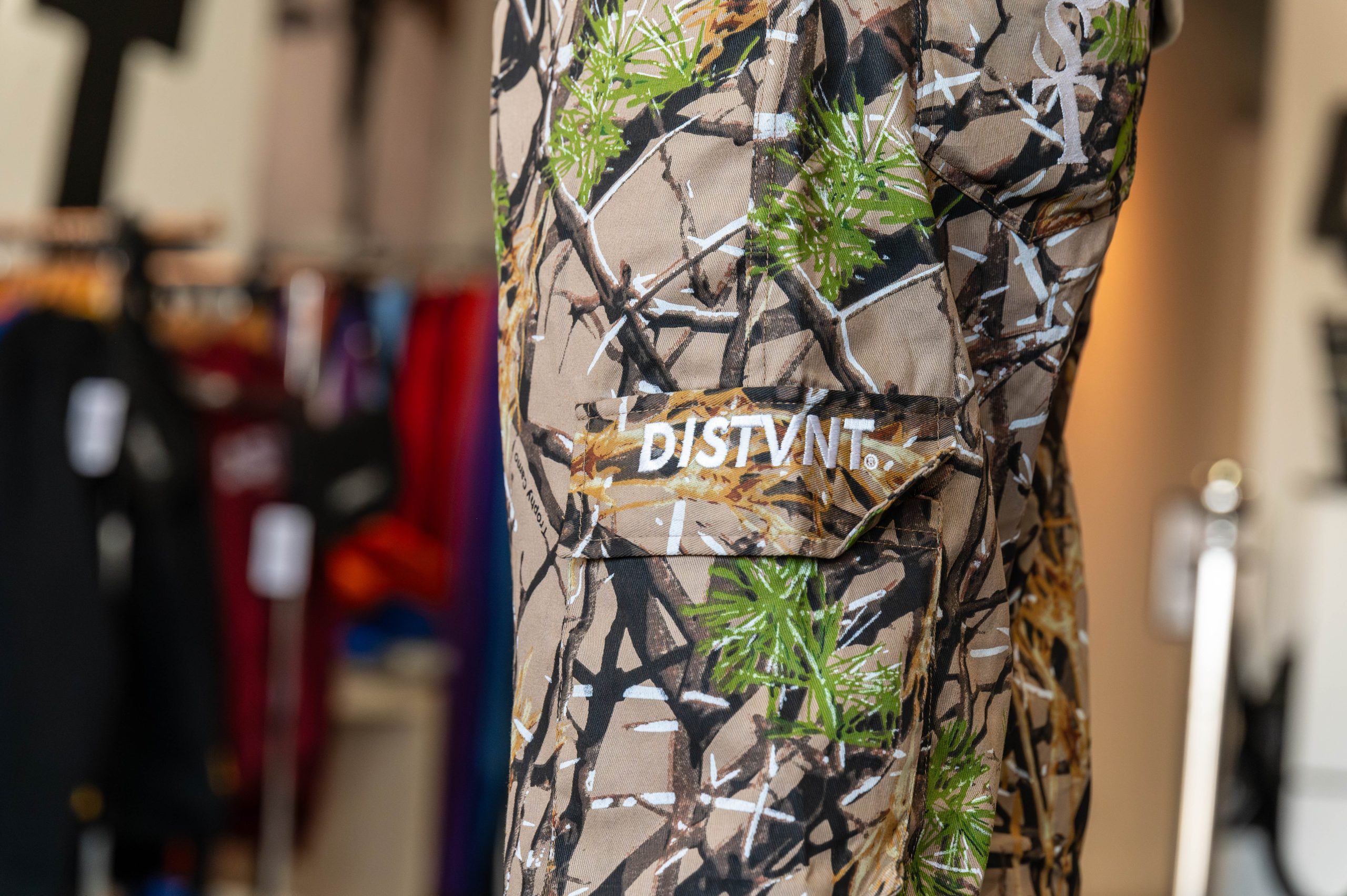 A close-up shot of the brand's logo at the grand opening of DISTVNT's storefront on Saturday, September 7, 2024. (Ray Gray | Flintside.com)