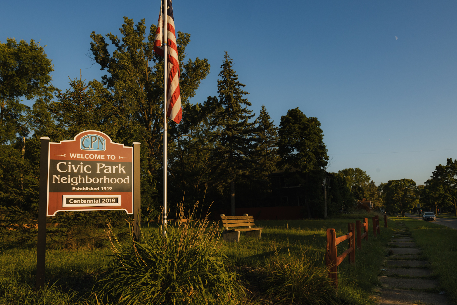 Pictured on Aug. 12, 2024, signs welcome everyone to the Civic Park Neighborhood which celebrated its centennial in 2019. (Anthony Summers | Flintside.com)