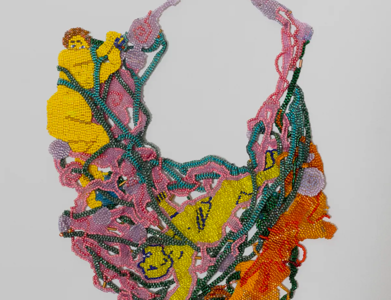 Joyce J. Scott, American, born 1948. Yeller Girls, 2020. Glass beads, thread, peyote stitch 16 x 10 1/4 x 1/8 in. Cincinnati Art Museum, Cincinnati, OH.