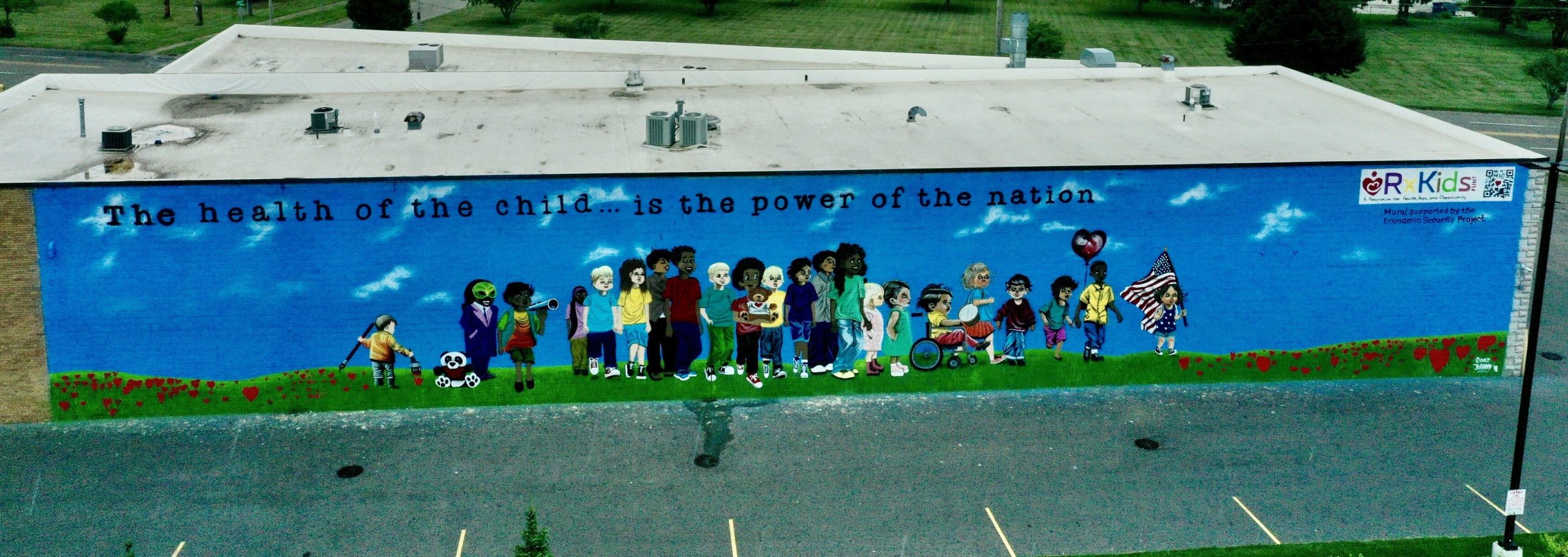 An aerial view of the Rx Kids mural in the Flint Cultural Center, created by Flint Public Art Project artist Johnny Fletcher.