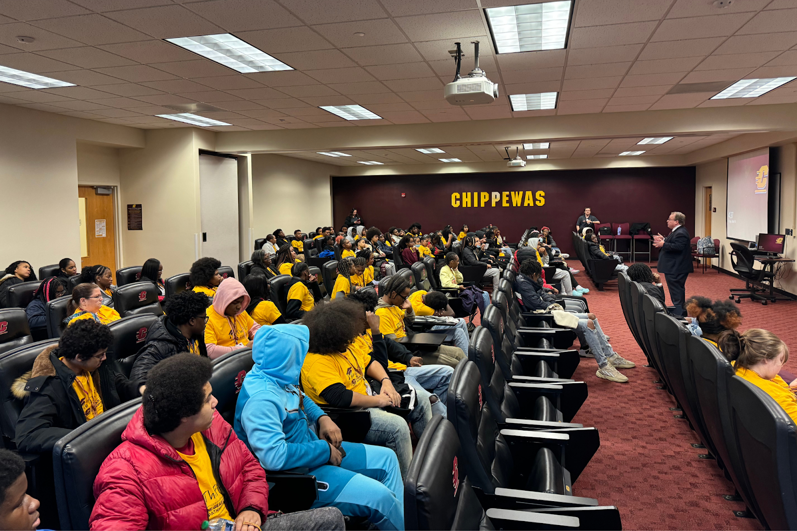 Students engage with President Davies as he talks about his life and how he became president of Central Michigan University on March 8, 2024. (Courtesy photo | Nia Boone of CMU Pathways Program)