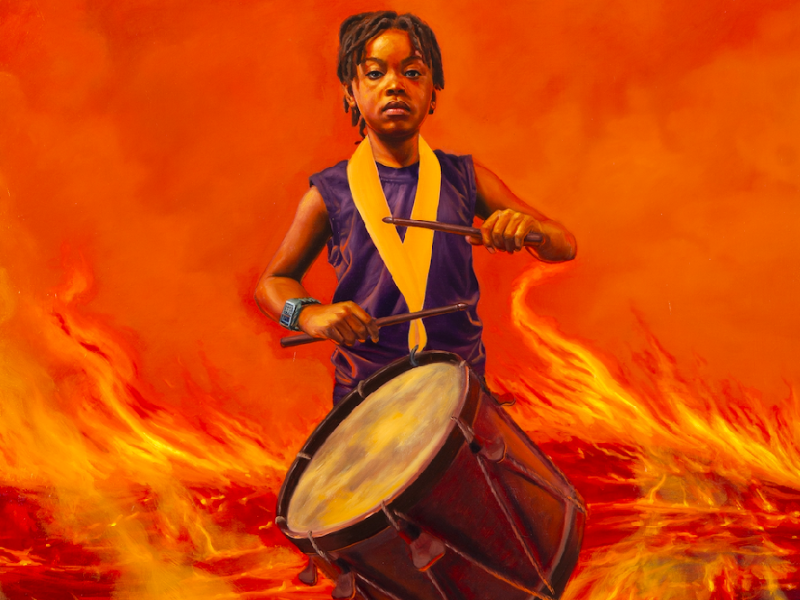 Mario Moore, American, born 1987. The Drum Rolls on, 2021. Oil on canvas 66 x 48in. Collection of Nancy and Sean Cotton.