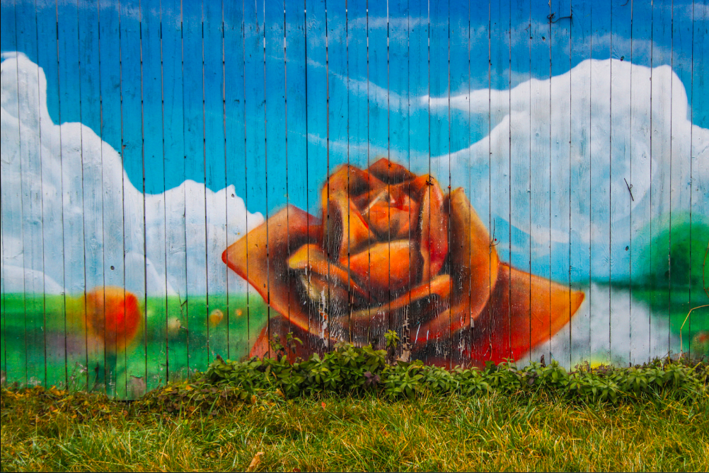 Pictured on Dec. 27, 2023, a flower mural painted on a fence behind the Ballenger Square Neighborhood Association's sign on Forest Hill Ave. and Sloan St. (Xzavier Simon | Flintside.com)