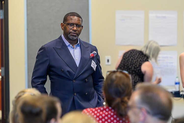 Shelby Holman, CEO of Southern Imaginations, leading Pre-K for All listening session in Ypsilanti.