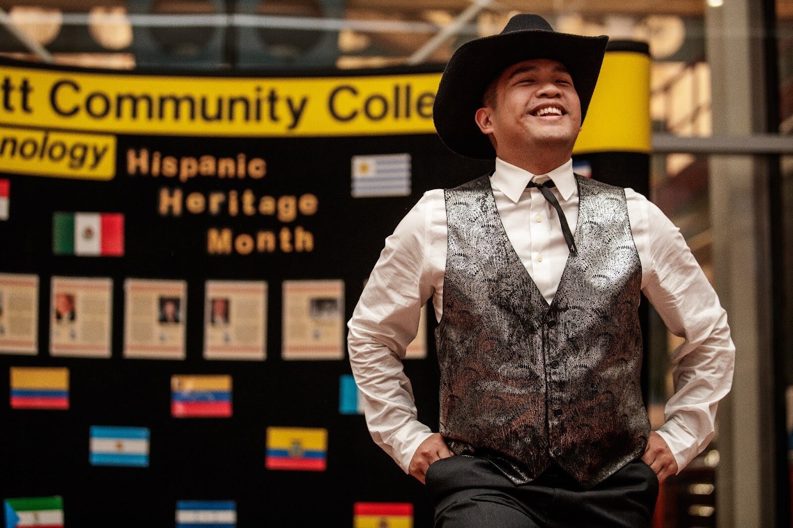 Alphonse Buclay performs with El Ballet Folklórico Estudiantil during Mott Community College’s Technology Division’s Hispanic Heritage Month Celebration at the Regional Technology Center in Flint on Thursday, Sept. 28, 2023. (Jenifer Veloso | Flintside.com)