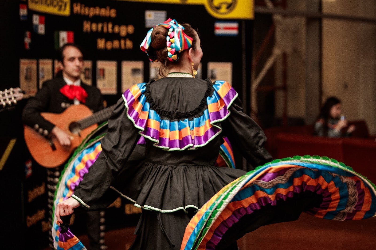 Hannah Nettleton with El Ballet Folklórico Estudiantil performs during Mott Community College’s Technology Division’s Hispanic Heritage Month Celebration at the Regional Technology Center in Flint on Thursday, Sept. 28, 2023. (Jenifer Veloso | Flintside.com)
