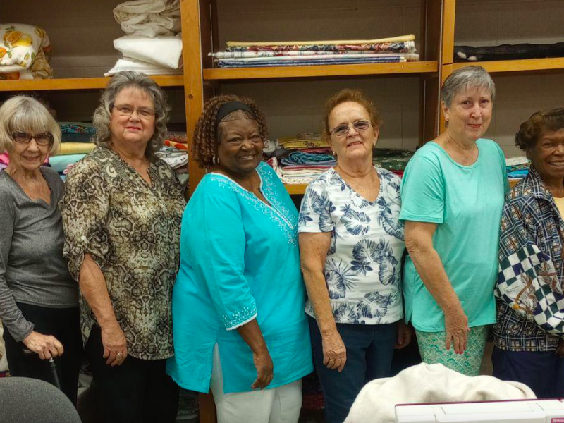 Let’s Sew for Kids' Tuesday group: (r) Helen McGhee, Marie Bechtel, Jane Lee, Rosie Ray-Henderson, Suzette Fraley, and Sara Wascher.