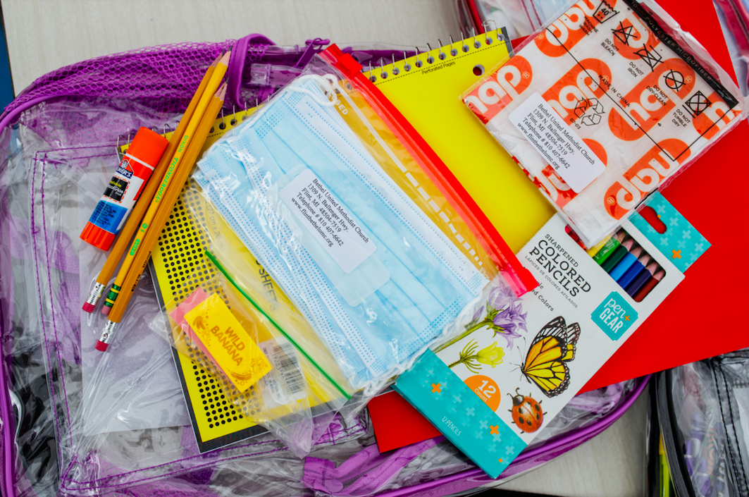 Free backpacks and school supplies were provided to the community during the ‘Back to School Rally’ at Bethel United Methodist Church in Flint on Saturday, Sept. 9, 2023. (Jenifer Veloso | Flintside.com)