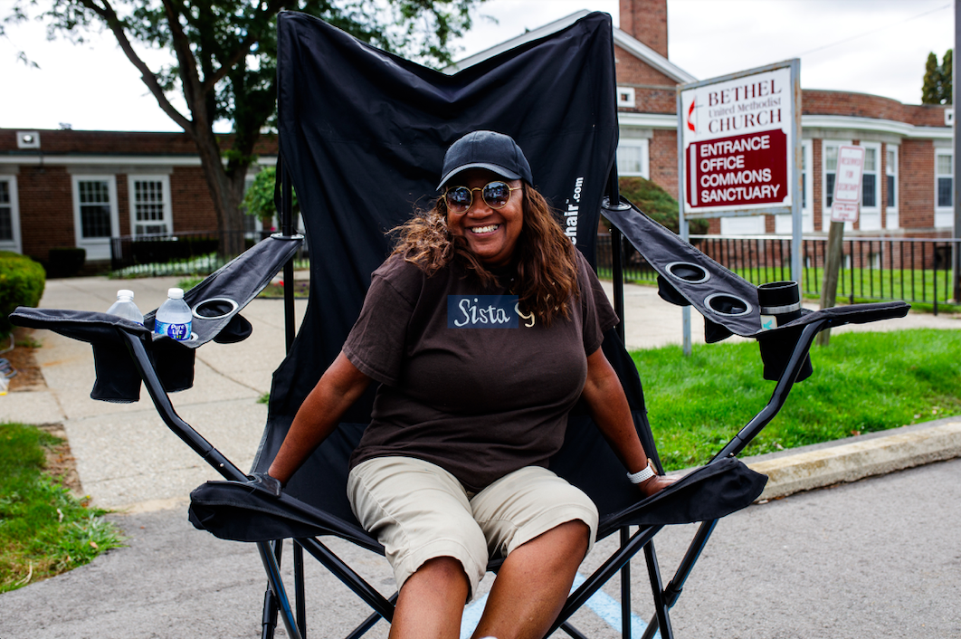 Rhonda Willingham, owner of Sista Girl Greeting Cards, poses for a portrait during the ‘Back to School Rally’ at Bethel United Methodist Church in Flint on Saturday, Sept. 9, 2023. (Jenifer Veloso | Flintside.com)