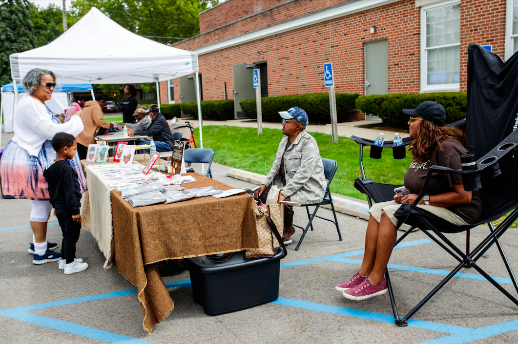 Guests visit Sista Girl Greeting Card’s table during the ‘Back to School Rally’ at Bethel United Methodist Church in Flint on Saturday, Sept. 9, 2023. (Jenifer Veloso | Flintside.com)