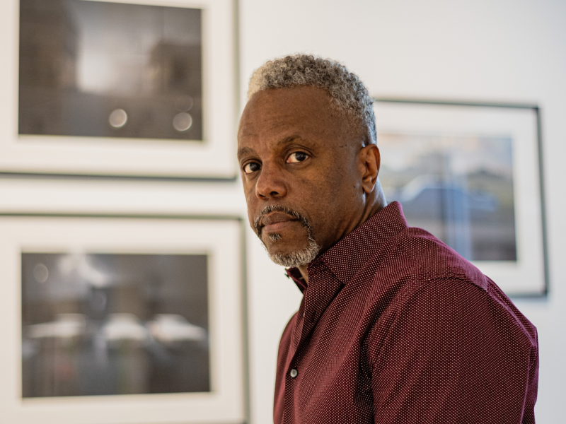 Flint native, former journalist, author, and Buckham Gallery's 3rd Writer in Residence, Bob Campbell, inside the gallery in downtown Flint on July 29, 2023.