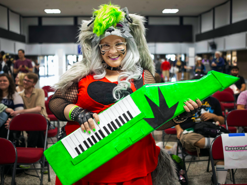 Heather Rieger cosplays as Roxy from “Five Nights at Freddy’s” during Really Cool Comic Con on Sunday, Aug. 6, 2023, at the Dort Financial Center in Flint.