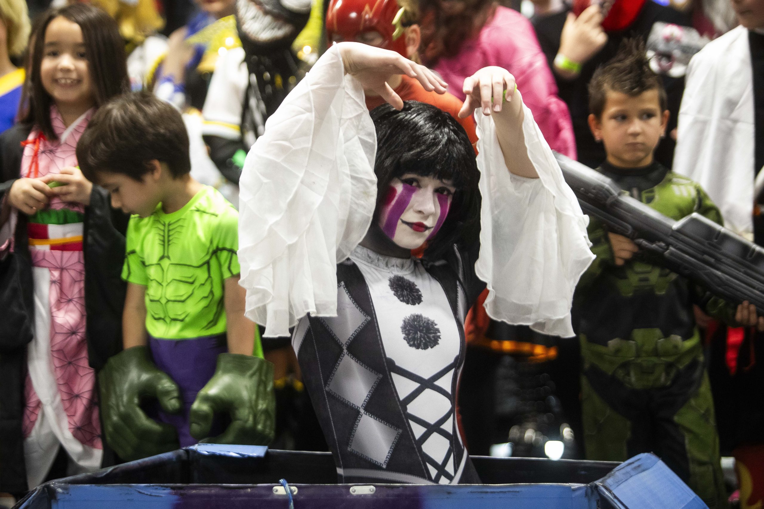 Aubrey Goodman, cosplaying as Puppet from “Five Nights at Freddy’s,” poses for a photo during Really Cool Comic Con on Sunday, Aug. 6, 2023, at the Dort Financial Center in Flint.

