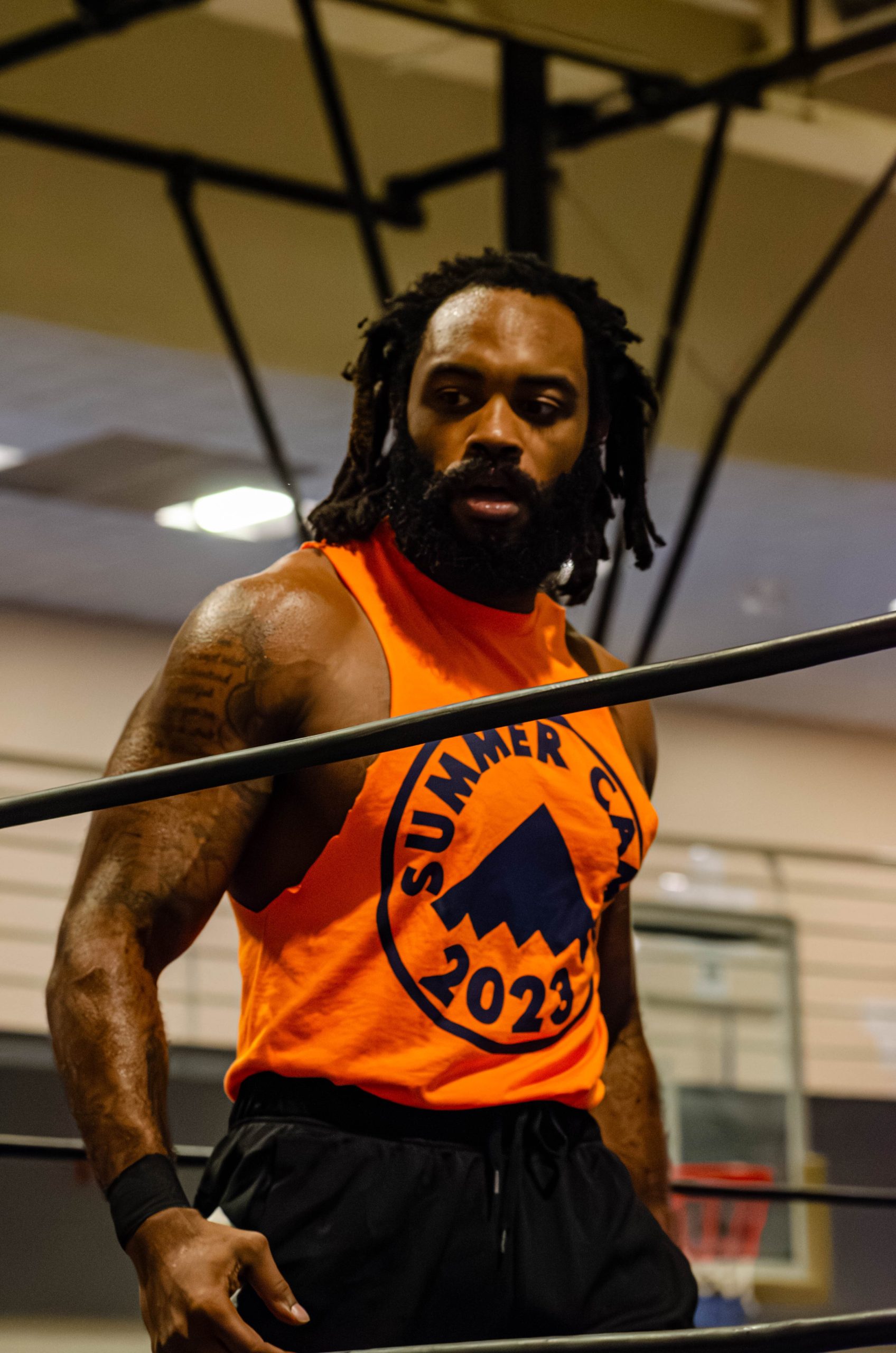 Flint native Ren Jones in the ring at the 'Lockdown Pro Wrestling Fundraiser' at Sylvester Broome Empowerment Village on Thursday, July 13, 2023. (Rayford Gray | Flintside)
