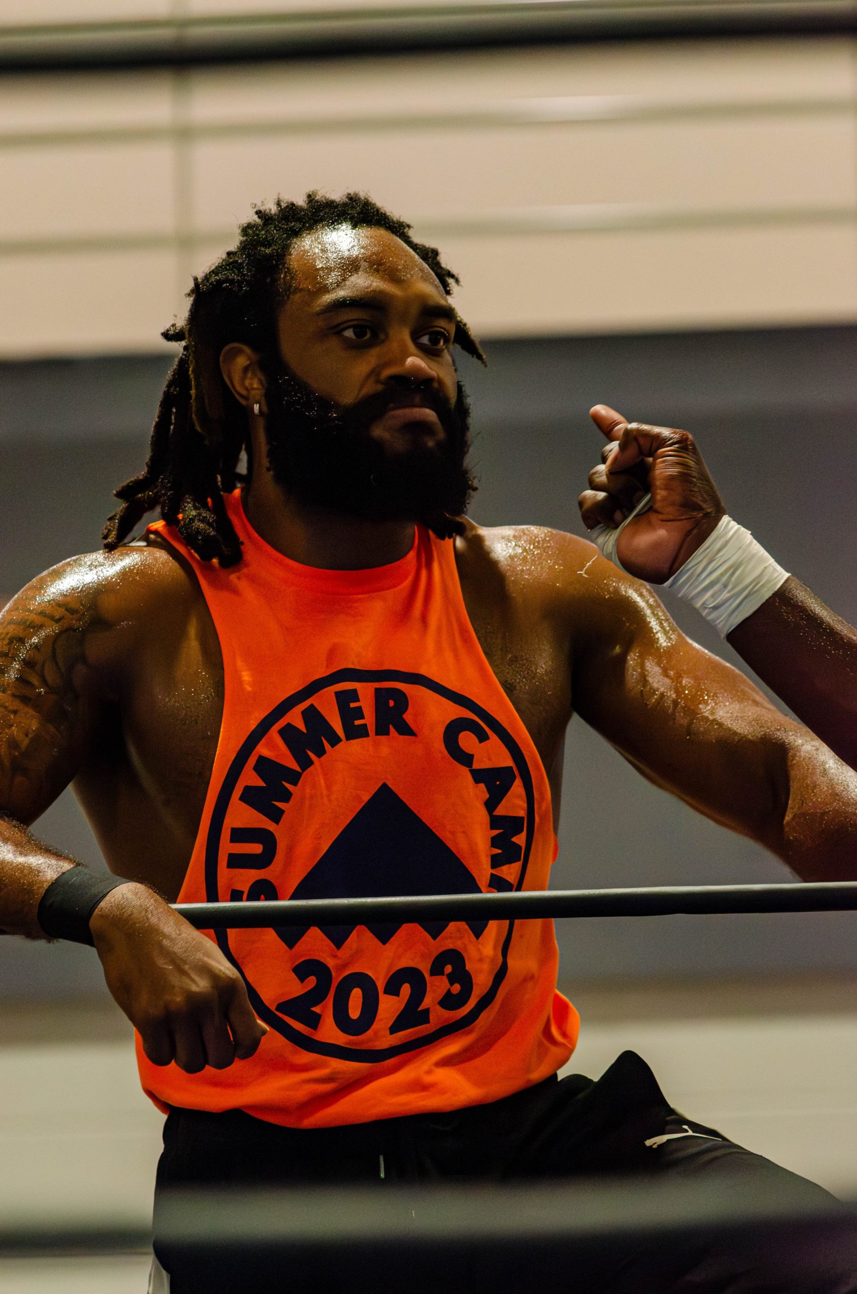Flint native Ren Jones in the ring at the 'Lockdown Pro Wrestling Fundraiser' at Sylvester Broome Empowerment Village on Thursday, July 13, 2023. (Rayford Gray | Flintside)