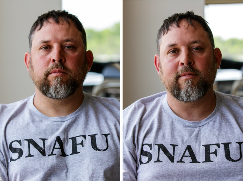 United States Marine Corps Veteran John Pullum poses for a portrait before (left) and after (right) receiving a booster ketamine infusion at Insight Institute of Neurosurgery and Neuroscience in Flint on Tuesday, May 30, 2023.