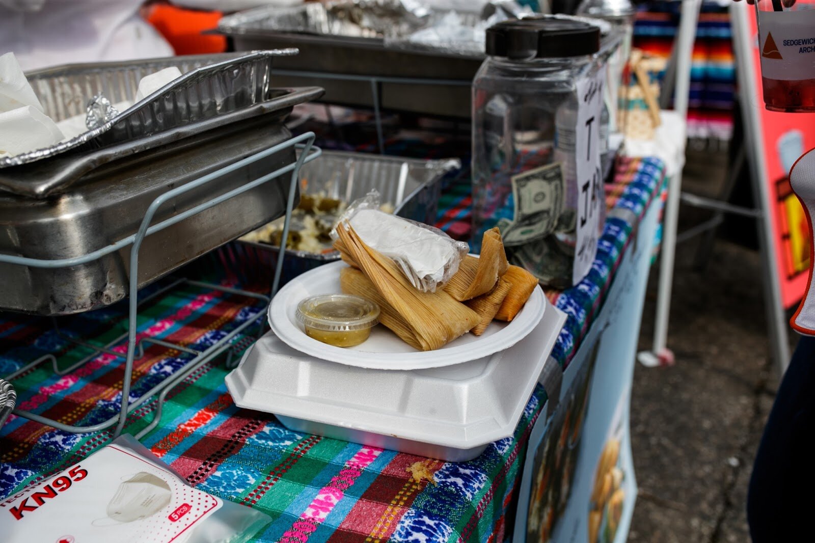 Fresh tamales sit ready for an order during the Latinx Technology & Community Center’s Cinco de Mayo celebration on Friday, May 5, 2023, in Buckham Alley in downtown Flint. (Jenifer Veloso | Flintside)
