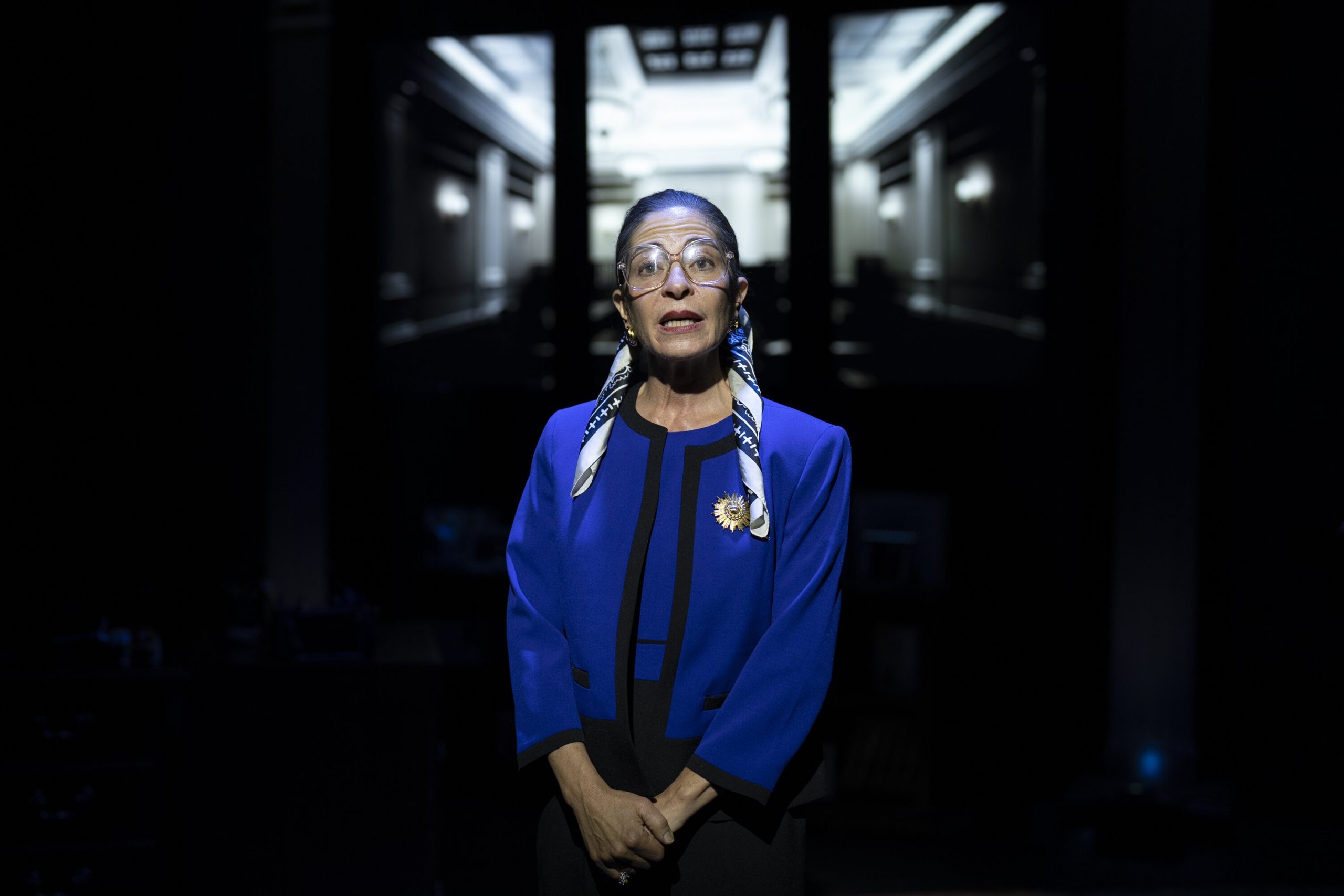 Michelle Azar as Ruth Bader Ginsburg in the one-woman play “All Things Equal: The Life and Trials of Ruth Bader Ginsburg.”