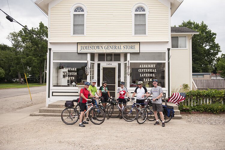 Cyclists riding the Fred Meijer Kenowa Trail meet up at the Jamestown General Store.