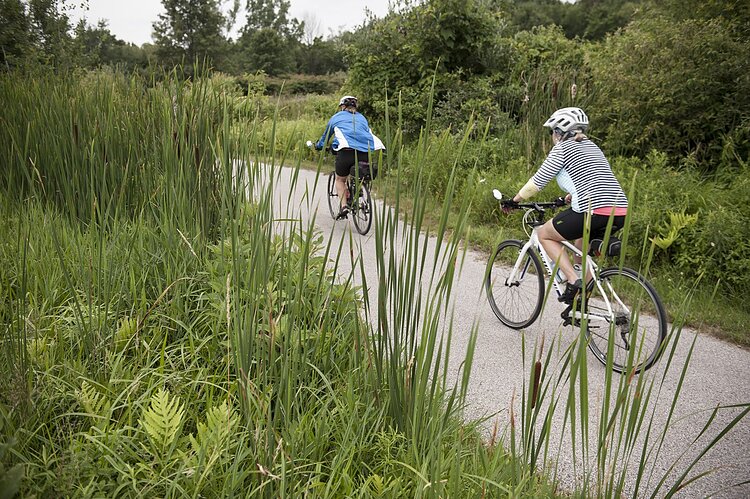 Friends cycling in Millennium Park in Walker.
