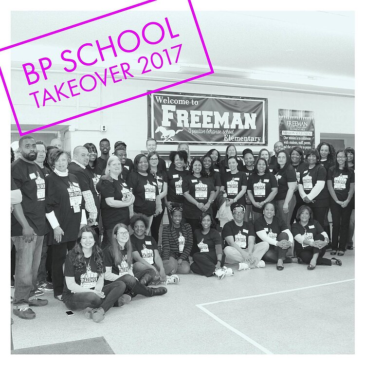 Participants and volunteers at 2017's BP Reading Takeover at Freeman Elementary in Flint.
