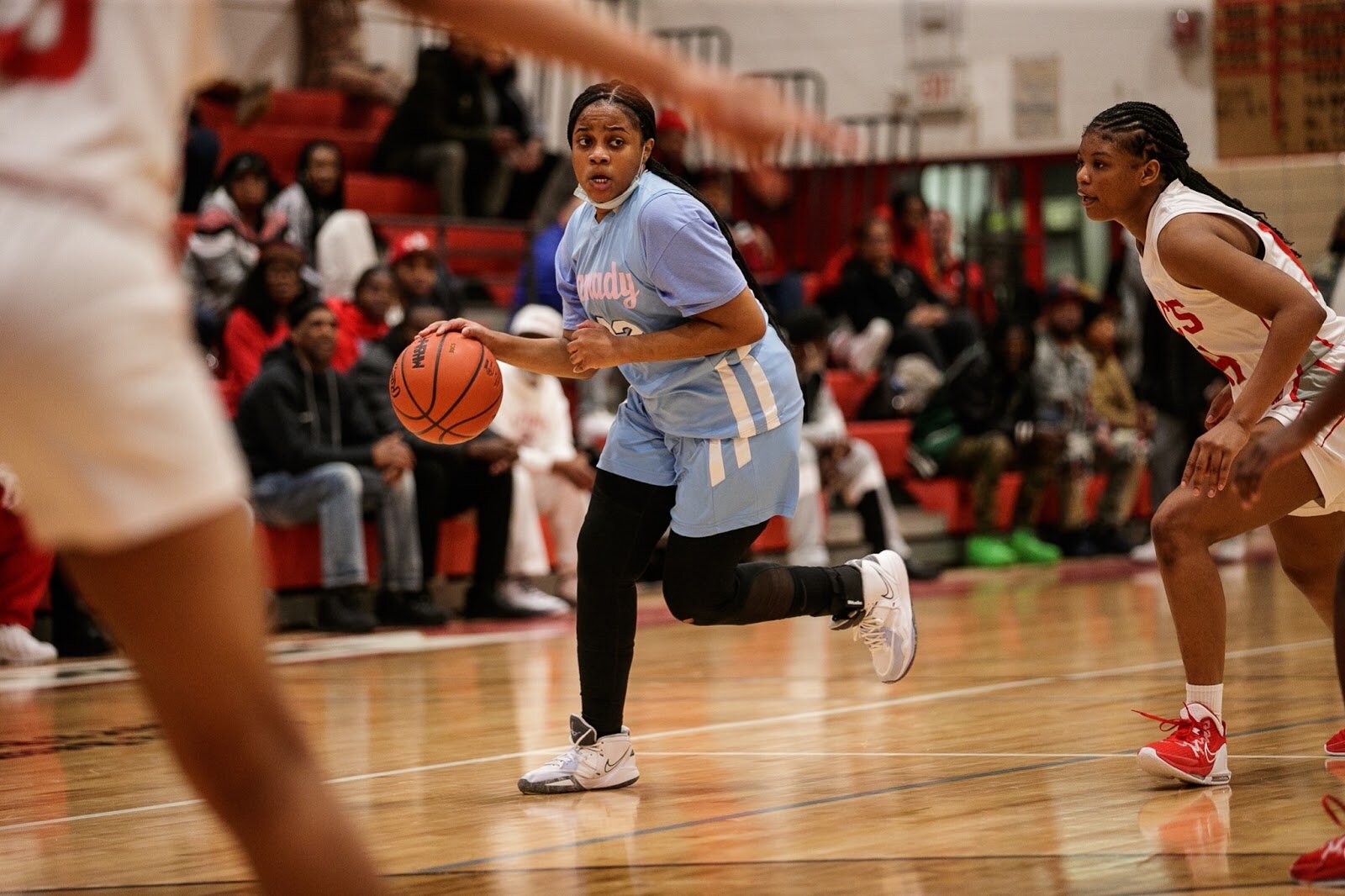 Hamady player Shaniyah Boyland looks to make a play during the girls' varsity basketball game on Saturday, Feb. 18, 2023, at the Moses Lacey Fieldhouse in Mount Morris. Hamady defeated Beecher girls 49-45 (Jenifer Veloso | Flintside)
