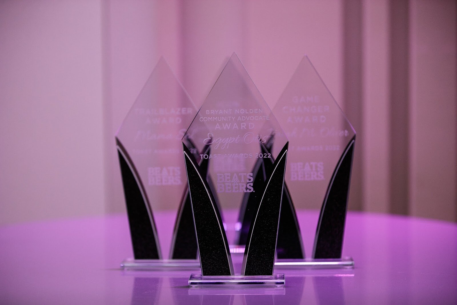Awards sit on display during the third annual Toast Awards, hosted by Beats x Beers, at the Flint Institute of Arts on Saturday, Dec. 17, 2022. (Jenifer Veloso | Flintside)
