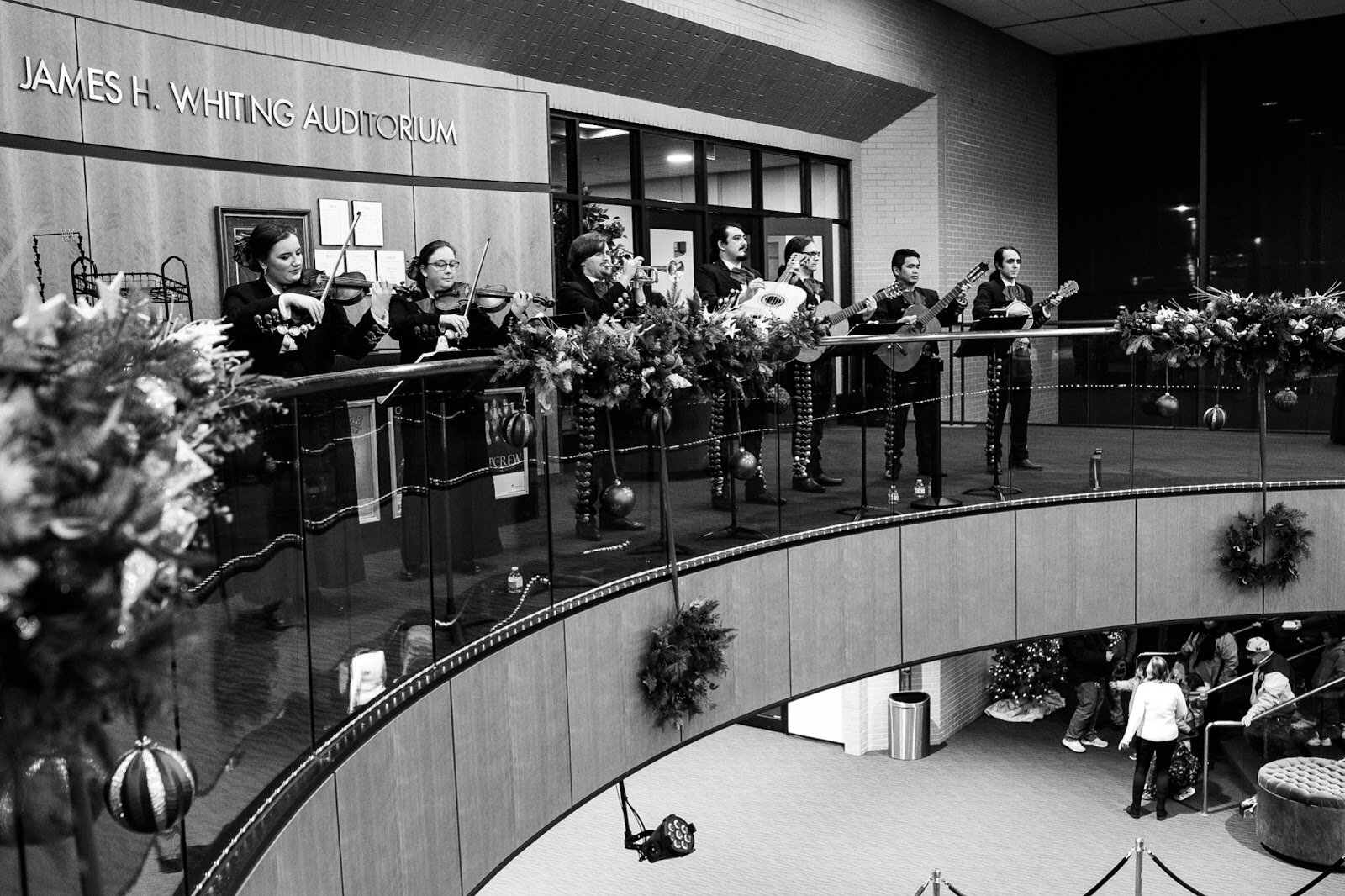 EBFE Mariachi band perform inside the Whiting Theatre’s foyer during the College Cultural area’s 37th Annual Holiday Walk in Flint on Tuesday, Dec. 6, 2022. (Jenifer Veloso | Flintside)
