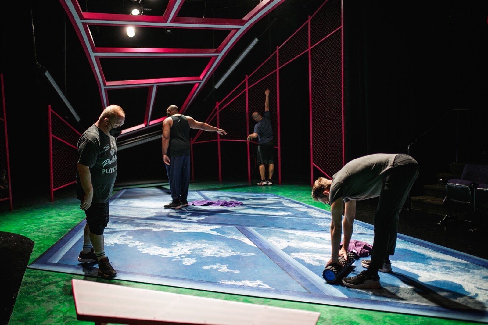 Actors warm up for rehearsal on the set of The Purple Rose's latest play PickleBall on Friday, Sept. 20, 2022. (Jenifer Veloso | Flintside)