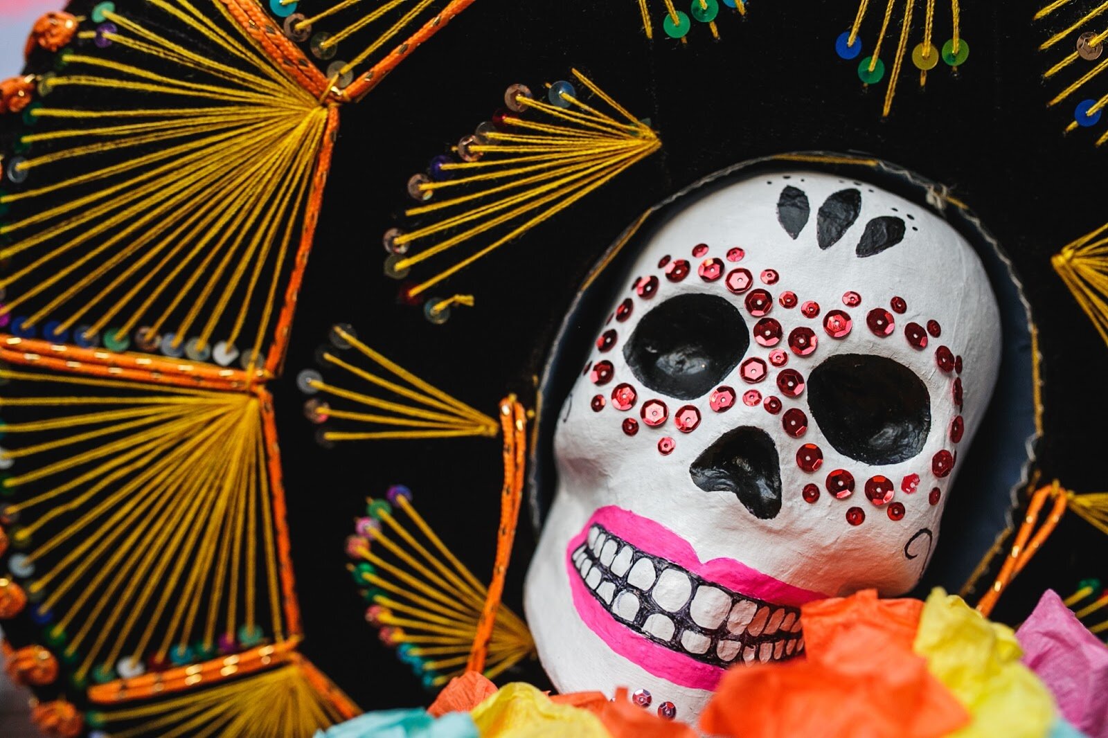 A calavera figure sits on display during the Latinx Technology and Community Center's Dia de Los Muertos celebration on Wednesday, Nov. 2, 2022 in downtown Flint. (Jenifer Veloso | Flintside)