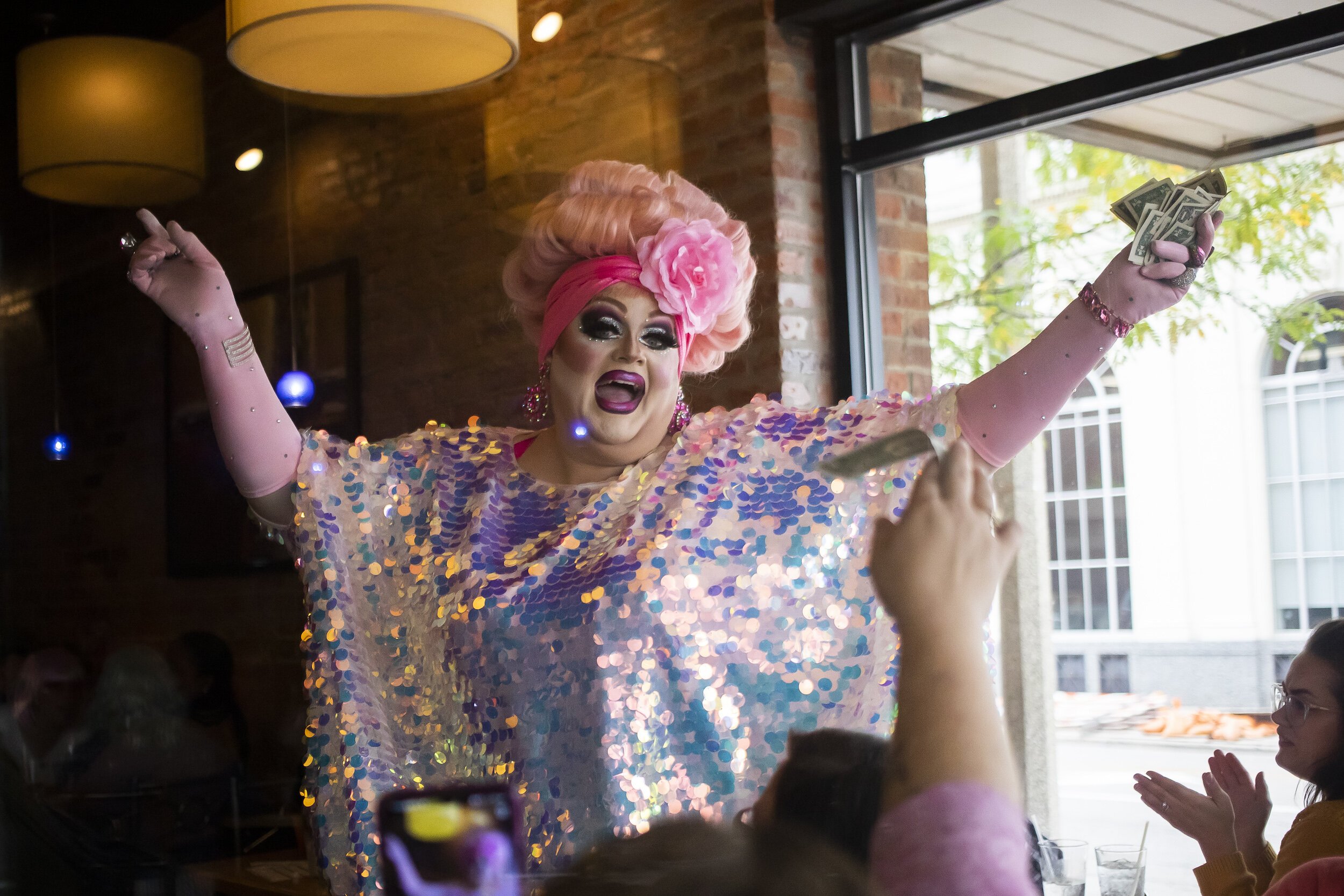 Veronica Scott entertains the crowd during a Michigan Drag Brunch performance Sunday, Sept. 25, 2022 at 501 Bar and Grill in downtown Flint.