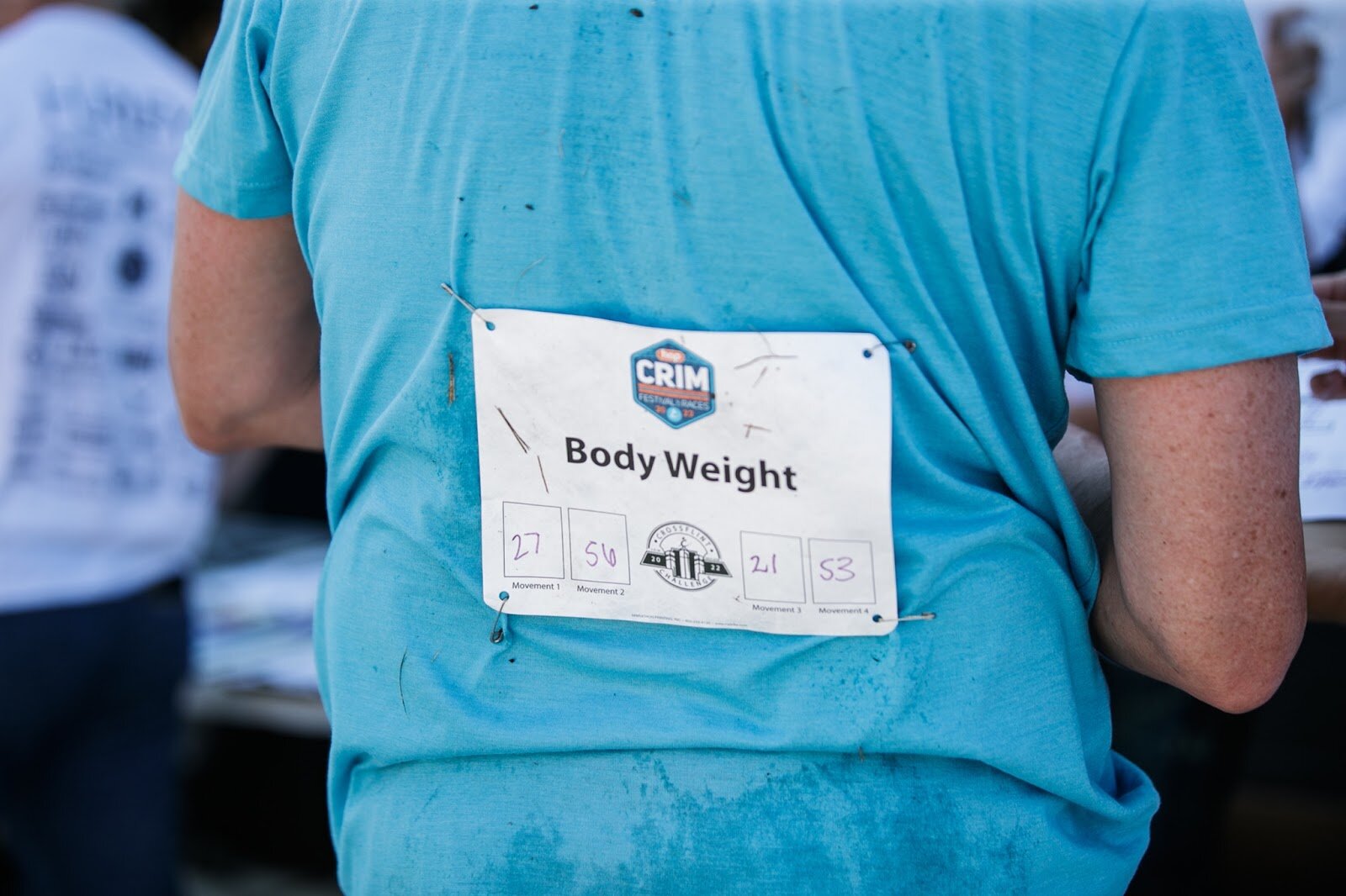 A Body Weight Challenge participant's bib marks their reps for each challenge at the CrossFlint 5K Challenge during the 45th annual Crim Festival of Races on Saturday, Aug. 27, 2022 in downtown Flint. (Jenifer Veloso | Flintside.com)
