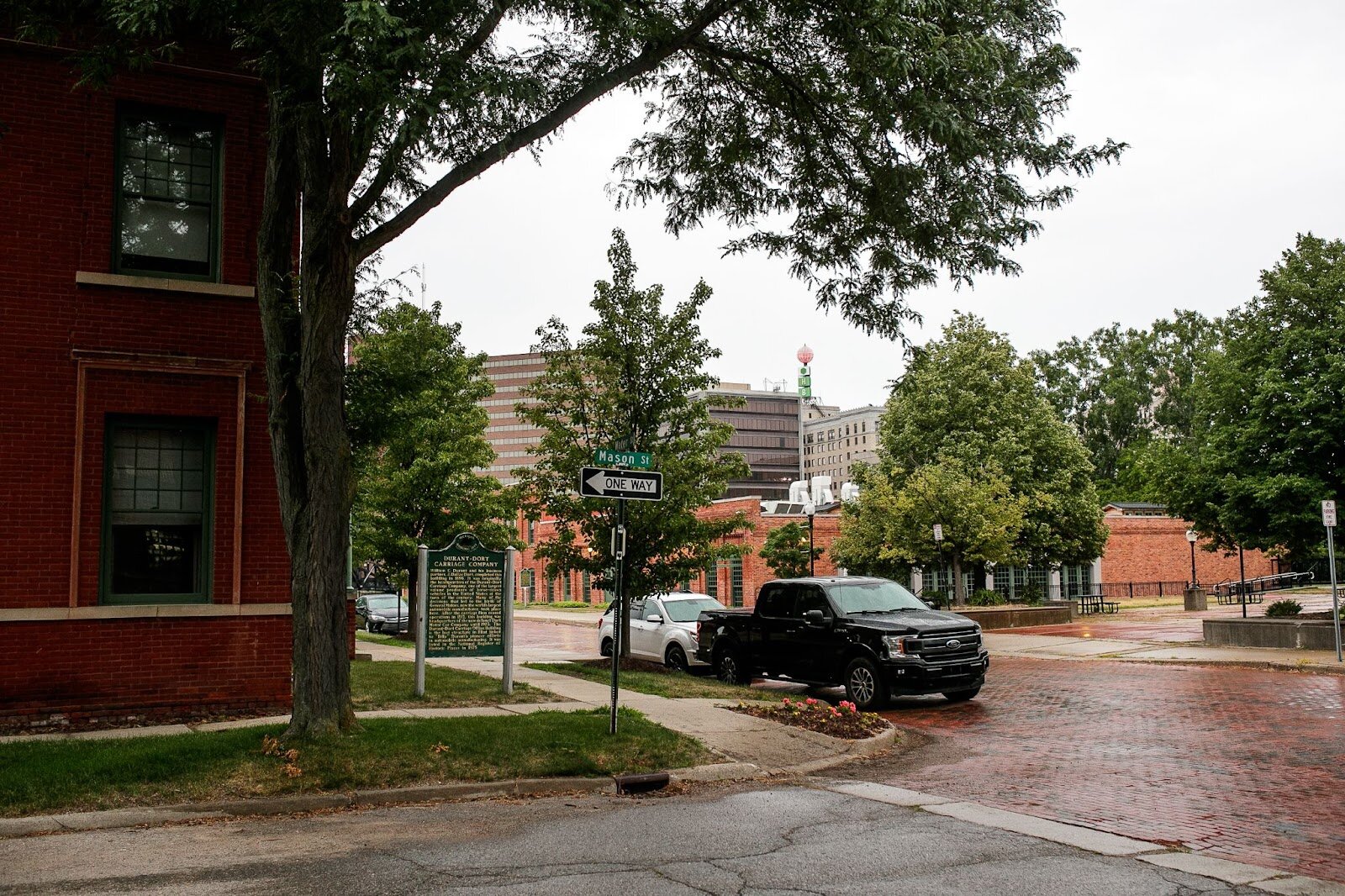 The Weather Ball sits high on the city skyline view from Carriage Town during Porch Fest on Friday, July 15, 2022. (Jenifer Veloso | Flintside)