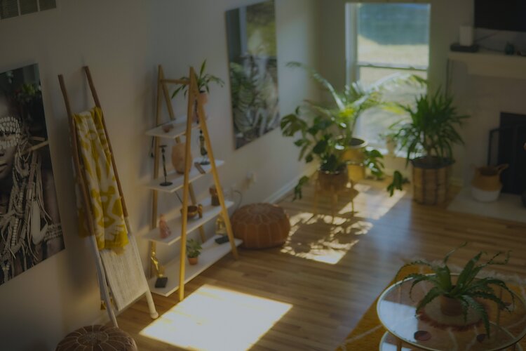 The Perry’s immaculately decorated living room where multiple plants, fabric color schemes, crystals, Buddha statues, African artwork, her books, and awards are displayed.
