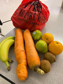 One of the "red bags" of produce that are sent home with PABS students.