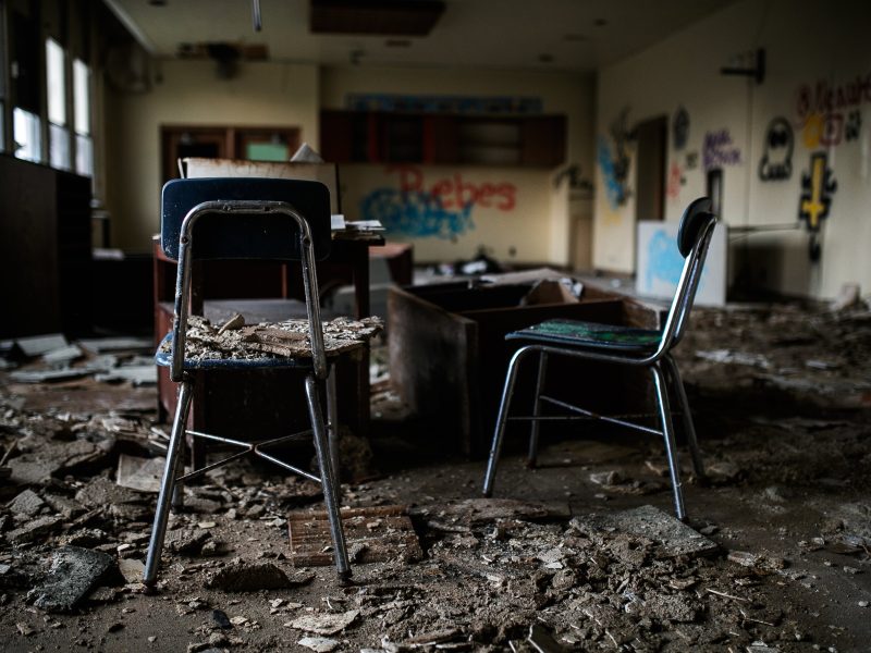 An abandoned classroom inside of Flint Central Highschool on September 14, 2021. Flint Central High School closed its doors in June 2009.