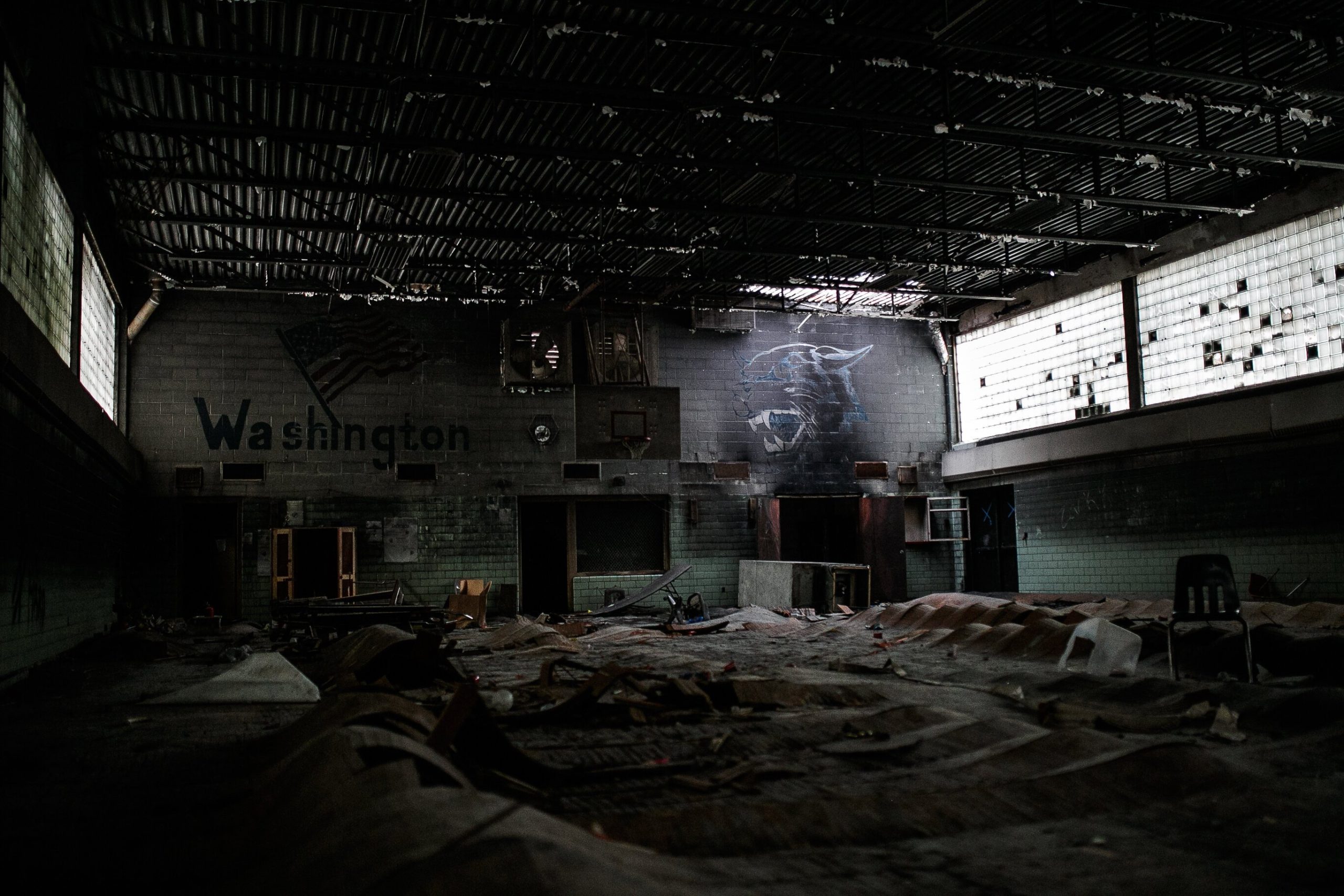 Washington Elementary's Gymnasium on September 14, 2021. Washington Elementary closed in 2013 and remained abandoned until recently burning down on October 7, 2021.