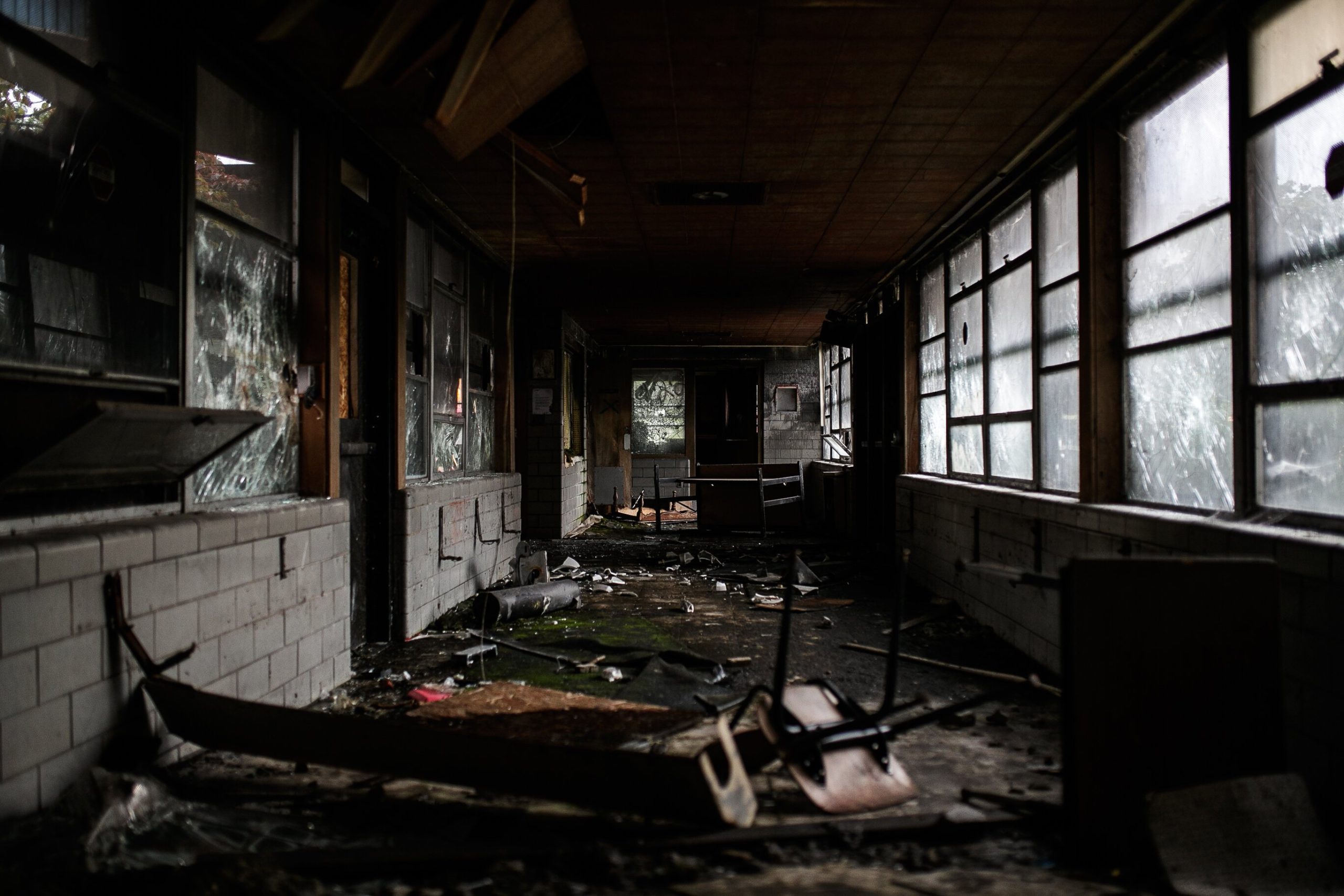 Washington Elementary's abandoned office hallway on September 21, 2021. The school closed in 2013 and remained abandoned until recently burning down on October 7, 2021.