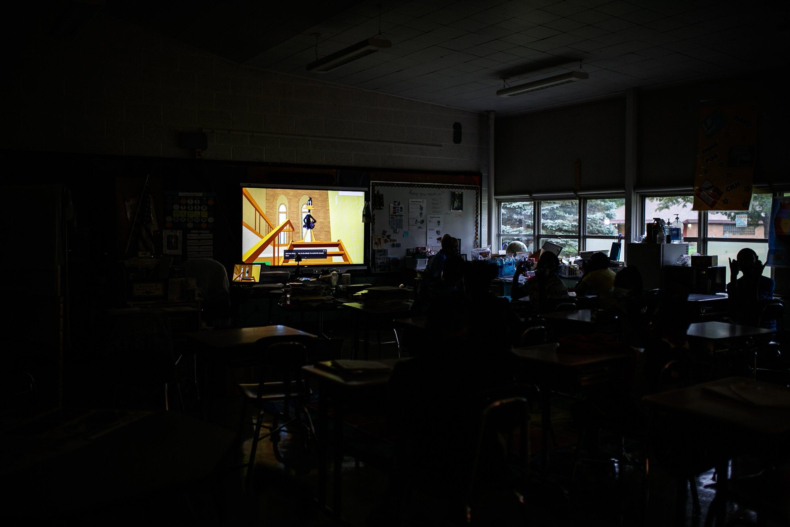 Students gather in a classroom afterschool inside Pierce Elementary on September 21, 2021. Pierce Elementary remains open with less than 100 students attending the pk-6 school.
