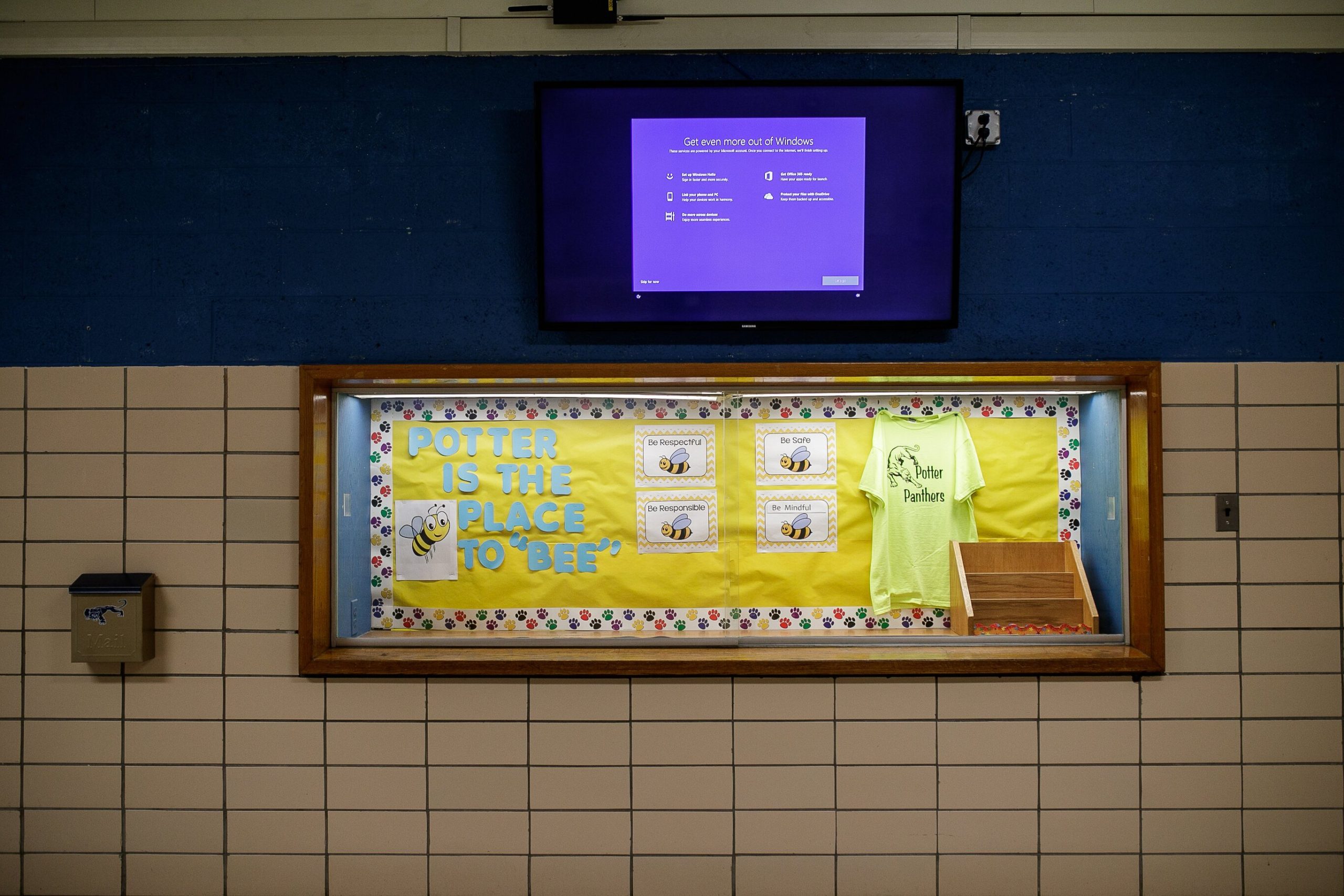 A bulletin board inside Potter Elementary reads, "Potter is the place to be."
Potter elementary school was one of the elementary schools that took displaced children from Doyle-Ryder due to mold found in classrooms.