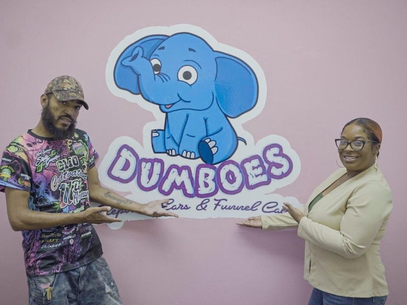 Iresha Dorsey (right) and her fiance, Sunny (left), of Dumboes Elephant Ears & Funnel Cakes. The playful logo sets the tone for it to be a "fun place to come and gorge on sweet fried treats." 