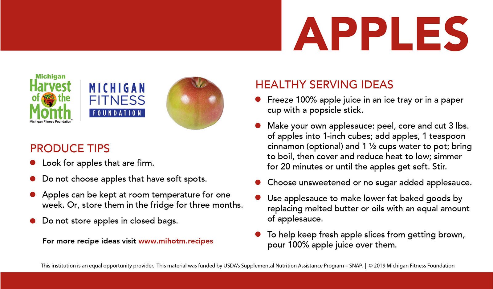 A Michigan Harvest of the Month™ flyer about apples.