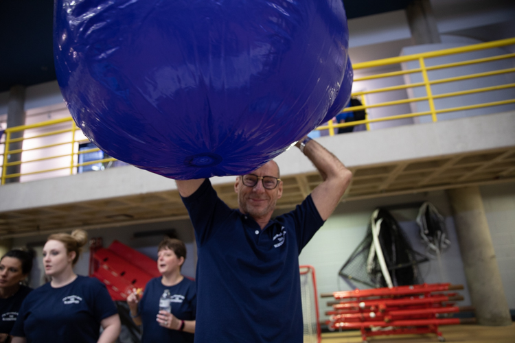 Blueberry Founder Phil Shaltz with one of the oversized blueberries at the 2018-19 kickoff party.