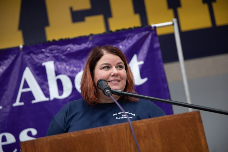 Marjory Raymer, Flintside publisher and managing editor, serves as emcee for the Blueberry Kickoff event.