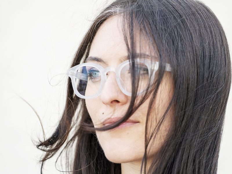 Flint, MI - Wednesday, May 9, 2018: Genusee co-founder Ali Rose Van Overbeke (28) models a pair of the Roeper, the first style of glasses to come from Genusee.