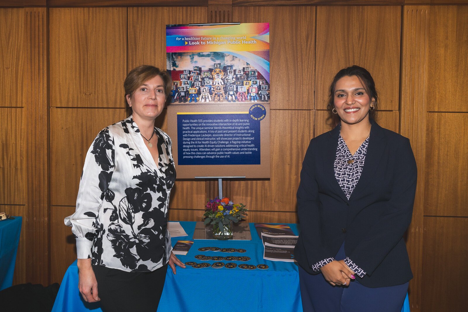 U-M School of Public Health instructional design consultant Frederique Laubepin and PH555 student Mahalakshmi Sivashankaran. Laubepin helped design the PH555 course.