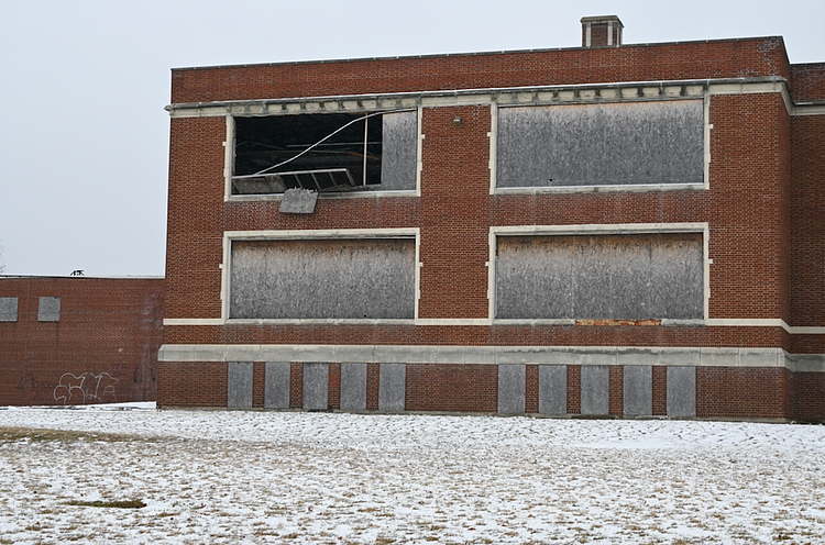 Side-view of the abandoned Civic Park Elementary School in Flint, Michigan on March 13, 2023. (Tia Scott | Flintside)